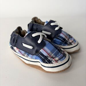 Robeez Baby Boys' Connor Plaid Soft Sole Navy Baby Size 6-12 Months EUC